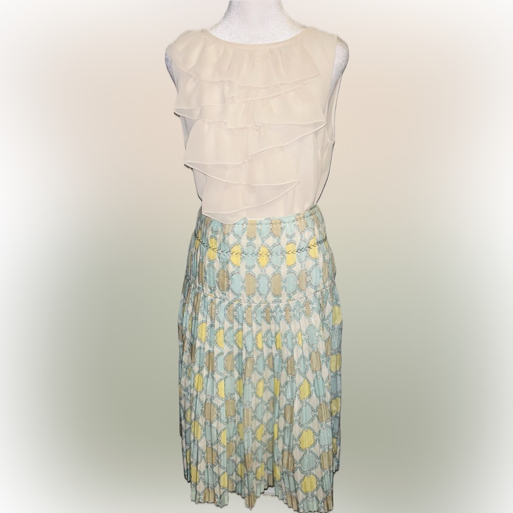 EUC David Meister SZ 4 gold/blue/yellow/white pleated skirt/waist 32” - Picture 2 of 8